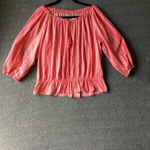 IZOD 100% Cotton Boho Red Pink Orange 3/4 Sleeve Top Blouse Sz L